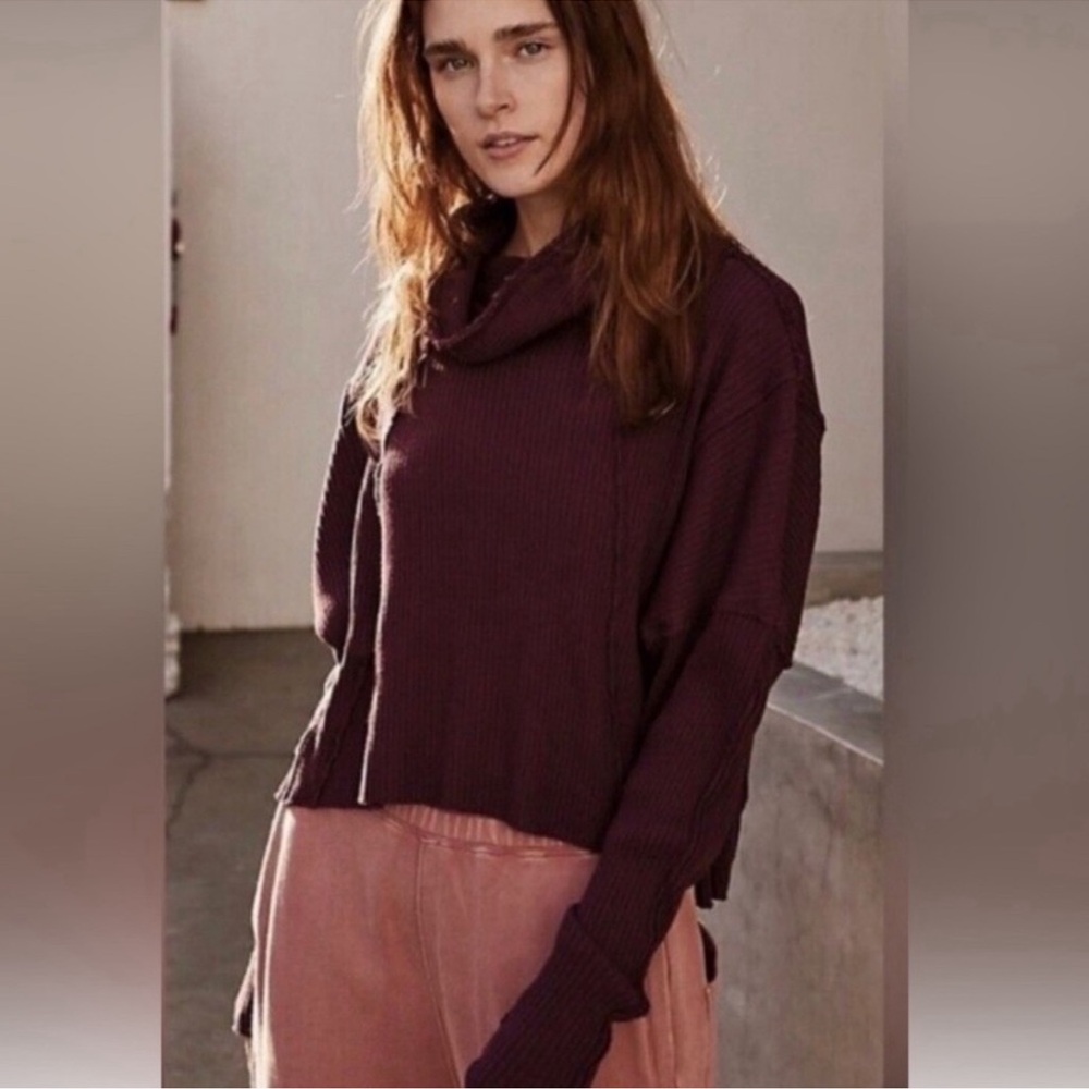 Free People Maroon Oversized Cowl Neck Waffle Thermal Sweater Shirt